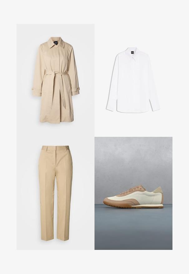 Beige trenchcoat med bælte i taljen, knaplukning ved ærmerne og krave. Fremstillet af glat, letvægtsstof.; Hvid langærmet skjorte med spids krave og skjult knaplukning, mærket "BOSS" ved halsen.; Beige bukser med lige ben, bæltestropper, forreste pres, og skjult lukning, vist mod en lys baggrund.; Sneaker i creme og beige med tekstureret overdel, snørebånd og gummisål, vist oven på en træoverflade med småsten.