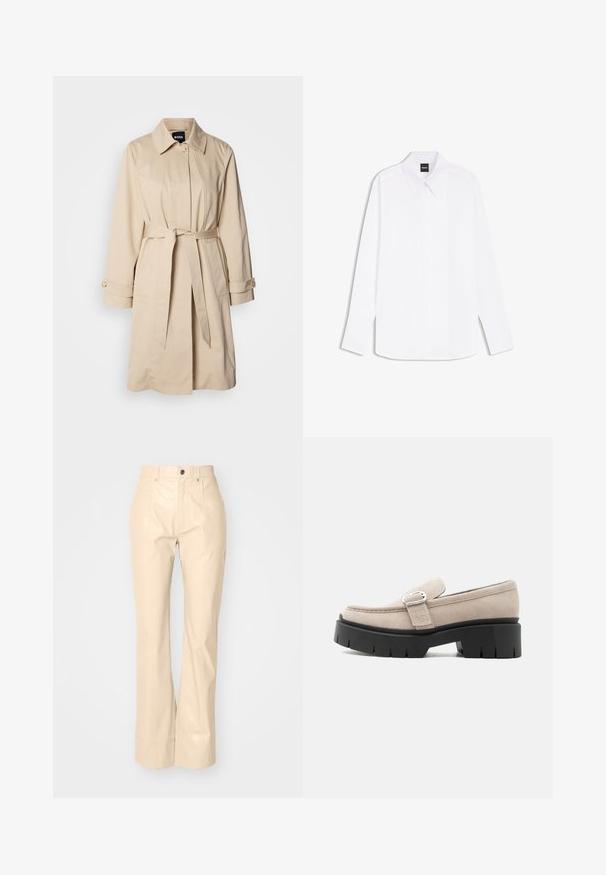 Beige trenssitakki, jossa on vyöllinen vyötärö, nappikiinnityksellä varustetut hihansuut ja kauluksellinen kaulus. Valmistettu sileästä, kevyestä kankaasta.; Valkoinen pitkähihaisen paita, jossa on terävä kaulus ja piilossa oleva napitus, kauluksessa merkki "BOSS".; Beige tekonahkasaumahousut, joissa on sileä pinta, etutaskut, nappisuljenta ja hienovarainen kiiltävä pinta.; Beigeä mokkanahkainen loafer, jossa hopeanvärinen solki ja paksu musta jykevä pohja, sivukuva valkoisella taustalla.