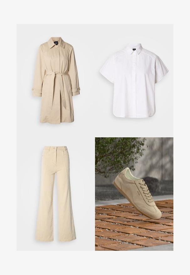 Manteau beige avec une taille ceinturée, des poignets boutonnés et un col. Fabriqué en tissu lisse et léger.; Chemise blanche à manches courtes, à boutons, avec un col pointu et un ourlet arrondi. Fabriquée en coton, elle possède une texture lisse et sans motifs visibles.; Jeans beige à jambes larges avec taille haute, poches avant, et couture contrastée, dotés d'une fermeture à bouton et d'une texture en coton lisse.; Baskets en daim beige avec lacets et logo « BOSS », flottant au-dessus d'une surface carrelée avec de la verdure et des ombres en arrière-plan.