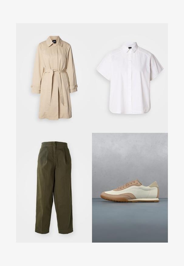 Beige trenssitakki, jossa on vyöllinen vyötärö, nappikiinnityksellä varustetut hihansuut ja kauluksellinen kaulus. Valmistettu sileästä, kevyestä kankaasta.; Valkoinen lyhythihainen nappikauluspaita, jossa on terävä kaulus ja kaareva helma. Valmistettu puuvillasta, jossa on sileä pinta ja ei havaittavissa olevia kuvioita.; Oliivinvihreät, leveälahkeiset housut korkealla vyötäröllä, joissa on etusilmukat ja käännetyt lahkeet. Valmistettu kevyestä kankaasta, jossa on sileä pinta.; Kermanvärinen ja beige tennari, jossa on teksturoitu päällinen, nauhat ja kumipohja, esillä puisella alustalla, jonka ympärillä on pieniä kiviä.