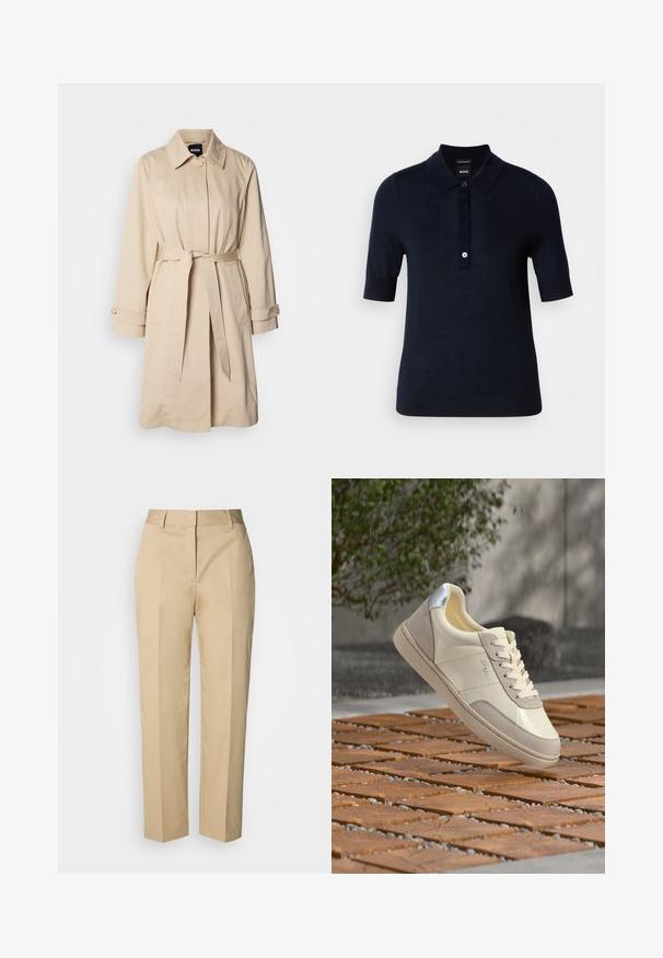Beige Trenchcoat mit tailliertem Gürtel, geknöpften Bündchen und Kragen. Hergestellt aus glattem, leichtem Material.; Navyblaues Polohemd aus glattem Stoff, mit Kragen, kurzen Ärmeln und einer Knopfleiste mit kleinem Logodetail.; Beige Straight-Leg-Hose mit Gürtelschlaufen, Vorderfalz und verdecktem Verschluss, präsentiert vor hellem Hintergrund.; Beiger und cremefarbener Sneaker mit silbernem Fersendetail, Schnürsenkel gebunden, über einer gefliesten Holzoberfläche mit verschwommenem Grün und Wand im Hintergrund positioniert.