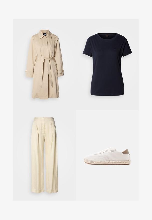 Manteau beige avec une taille ceinturée, des poignets boutonnés et un col. Fabriqué en tissu lisse et léger.; T-shirt à manches courtes bleu marine en coton, avec un col rond et un petit logo brodé sur la poitrine. Texture lisse.; Pantalon en soie crème taille haute avec plis, jambes larges et fermeture éclair avant dissimulée sur un fond blanc uni.; Baskets blanches avec une tige en daim, des accents beiges et une semelle en jute tressé. Elles sont équipées de lacets plats et arborent un logo de marque sur le côté.