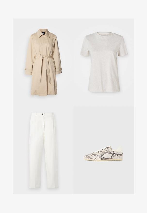 Beige trenchcoat med bælte i taljen, knaplukning ved ærmerne og krave. Fremstillet af glat, letvægtsstof.; Lys grå kortærmet T-shirt lavet af en blød bomuldsblanding, med en rund halsudskæring og et lille broderet logo på brystet.; Hvide, højtaljede bukser med skræddersyet pasform, der har folder, lukning med knap foran og lige ben. Fremstillet af glat stof.; Python print sneakers i beige og brune toner med en glat tekstur, kontrasterende hvide snørebånd og en lavprofil gummisål.