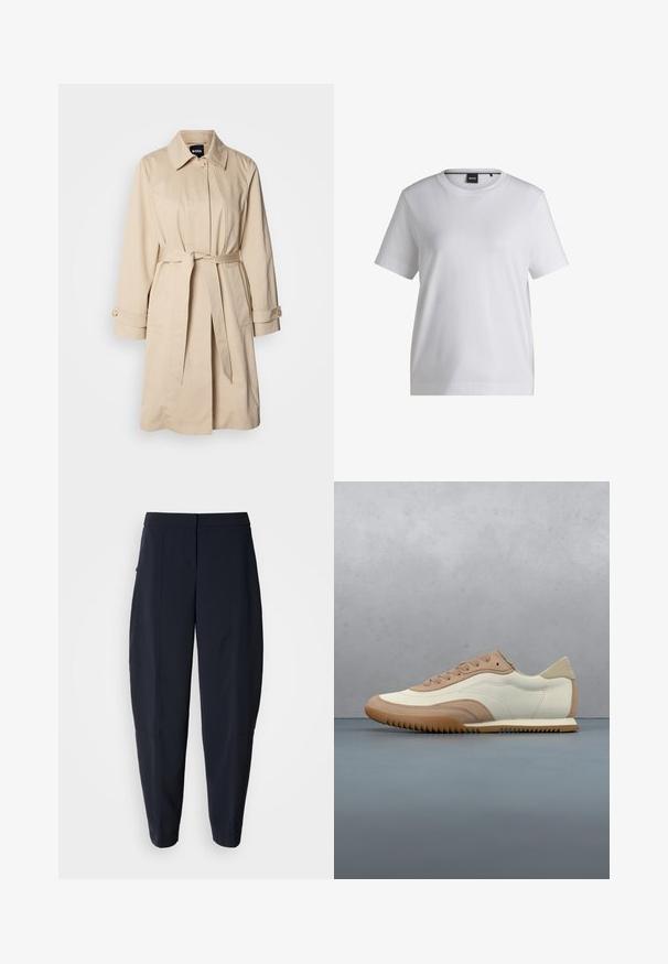 Beige trenchcoat med bælte i taljen, knaplukning ved ærmerne og krave. Fremstillet af glat, letvægtsstof.; Hvid bomulds t-shirt med rund halsudskæring, korte ærmer og en afslappet pasform. Har et lille mærke nær kraven.; Marineblå skrå bukser med mellemhøj talje og sidelommer, med diskrete skærmdetaljer langs benene.; Sneaker i creme og beige med tekstureret overdel, snørebånd og gummisål, vist oven på en træoverflade med småsten.