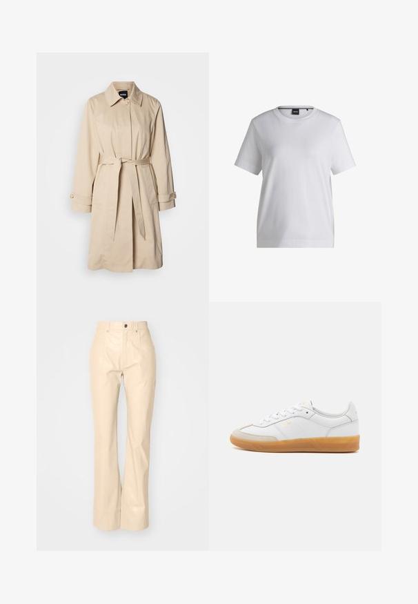 Beige trenchcoat med bælte i taljen, knaplukning ved ærmerne og krave. Fremstillet af glat, letvægtsstof.; Hvid bomulds t-shirt med rund halsudskæring, korte ærmer og en afslappet pasform. Har et lille mærke nær kraven.; Beige faux læder fløjsbukser med en glat overflade, der har frontlommer, knaplukning og en subtil shiny finish.; Hvide lædersneakers med beige ruskindsdetaljer, gummisål og snøredesign. Har diskret branding i guld.