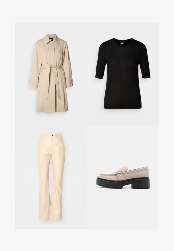 Beige trenchcoat med bælte i taljen, knaplukning ved ærmerne og krave. Fremstillet af glat, letvægtsstof.; Sort T-shirt med korte ærmer lavet af fin merinould. Rund halsudskæring, slim fit, glat tekstur, minimalt design, ingen synlige mønstre eller accenter.; Beige faux læder fløjsbukser med en glat overflade, der har frontlommer, knaplukning og en subtil shiny finish.; Beige ruskindslipper med sølvspænde og tyk sort kraftig sål, set fra siden på hvid baggrund.