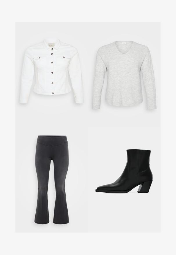 Hvid denimjakke med lange ærmer, knaplukning foran, to brystlommer og sølvfarvede knapper. Glat tekstur og cropped design.; Lys grå langærmet sweater med ribbet tekstur, V-hals og en let buet kant. Blødt materiale med subtile mønstervariationer.; ONLY Carmakoma Flared fit CARROYAL Mid waist - Flared jeans - washed black; Sortlæder ankelstøvle med spids tå, en slank silhuet og en kraftig firkantet hæl. Glat tekstur med minimale stikninger.