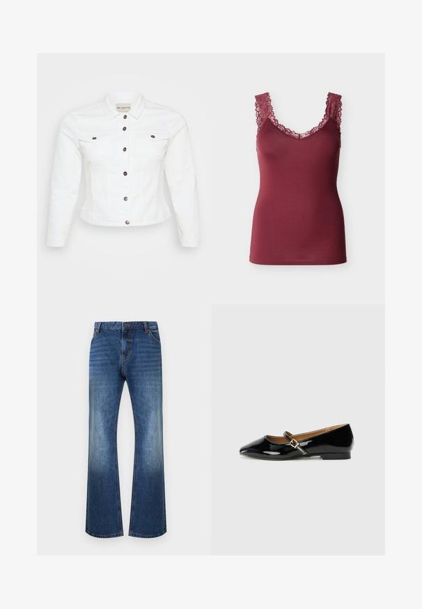 Weiße Jeansjacke mit langen Ärmeln, Knopfverschluss, zwei Brusttaschen und silberfarbenen Knöpfen. Glatte Textur und verkürzte Passform.; Ärmelloses burgunderrotes Camisole mit Spitzenbesatz an Trägern und Ausschnitt, taillierter Schnitt, auf einfarbigem Hintergrund dargestellt.; Blaue Denim-Jeans mit leicht ausgestelltem Bein, ausgebleichten vorderen Oberschenkeln, Vordertaschen und orangen Nähten, flach auf weißem Hintergrund liegend.; Schwarze Lackleder-Ballerinas mit spitzem Zehenbereich, einem Knöchelriemen mit goldfarbener Schnalle und niedrigem Blockabsatz. Glatte, glanzvolle Oberfläche.