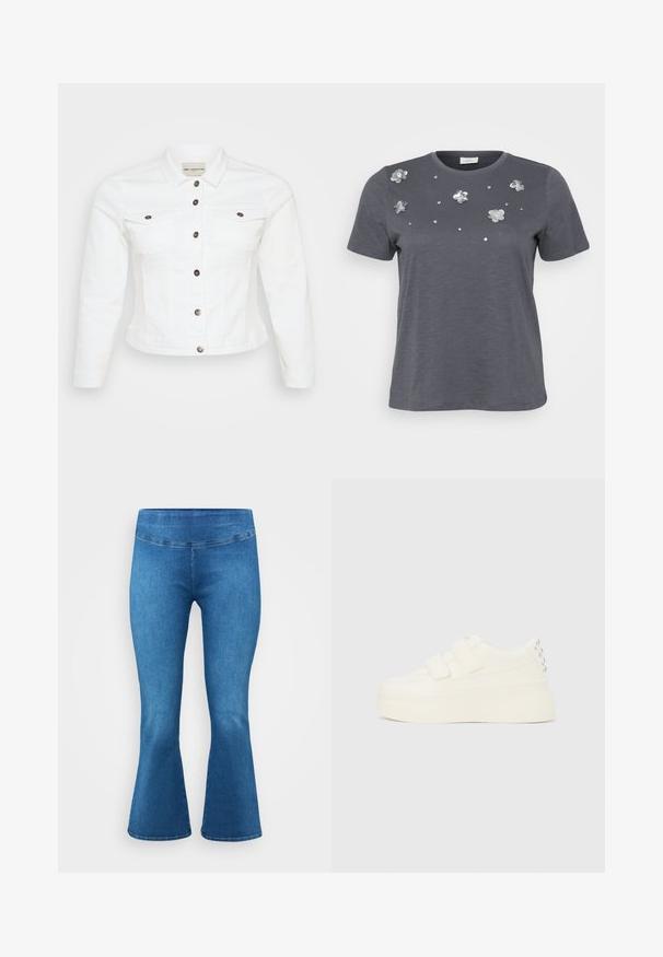 Witte denimjack met lange mouwen, knoopsluiting, twee borstzakken en zilverkleurige knopen. Glad textuur en cropped ontwerp.; Grijze katoenen t-shirt met korte mouwen, met metalen bloemenappliqués en pailletten die op de voorkant zijn aangebracht. Zachte structuur, comfortabele pasvorm.; Uitlopende blauwe denimbroek met een middelhoge taille, met een zachte textuur en een klassiek vijf-pocketontwerp. Afgewerkt met een subtiele stiksel-detail.; Witte platform sneaker met dubbele klittenbandsluitingen en zilverkleurige studs op de hiel, zijdelings getoond tegen een effen achtergrond.