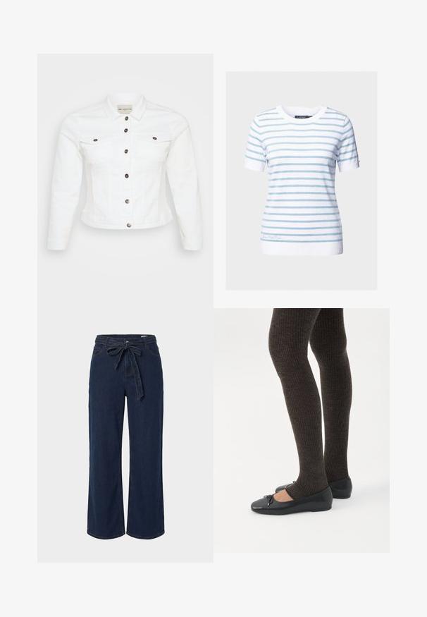 Hvid denimjakke med lange ærmer, knaplukning foran, to brystlommer og sølvfarvede knapper. Glat tekstur og cropped design.; Hvid skjorte med korte ærmer med lyseblå vandrette striber og rund halsudskæring, med små knapdetaljer på ærmerne.; Mørkeblå denimbukser med vide ben, forlommer og et stofbælte bundet i en sløjfe i taljen.; Ben iført mørke ribbede leggings kombineret med sorte balletsko med små sløjfedetaljer på hvid baggrund.