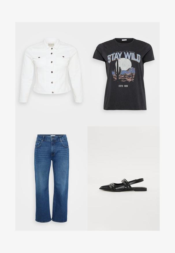 Weiße Jeansjacke mit langen Ärmeln, Knopfverschluss, zwei Brusttaschen und silberfarbenen Knöpfen. Glatte Textur und verkürzte Passform.; Schwarzes Baumwoll-T-Shirt mit einem grafischen Druck einer Wüstenlandschaft mit Kakteen, einem Mond und dem Schriftzug "STAY WILD" in blauer Schrift.; Weite Jeans aus dunkelblauem Denim. Mit fünf Taschen, Gürtelschlaufen und schwachem Verblassen entlang der Beine. Glatte Textur mit normaler Passform.; Even&Odd Sling-Ballerina - black