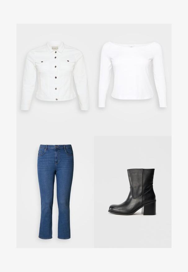 Hvid denimjakke med lange ærmer, knaplukning foran, to brystlommer og sølvfarvede knapper. Glat tekstur og cropped design.; Hvid langærmet skjorte med bred halsudskæring, lavet af blødt og glat materiale. Har et tætsiddende design og en cropped kant.; Blå denimjeans med lige snit, fem-lomme-design, messingbeslag og orange syningsdetalje. Glat tekstur.; Sort læderankelstøvle med rundet tå, sidesømme og en chunky blokhælk. Glat tekstur og minimalistisk design.