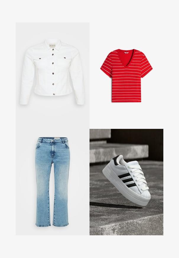 Hvid denimjakke med lange ærmer, knaplukning foran, to brystlommer og sølvfarvede knapper. Glat tekstur og cropped design.; Rød V-hals t-shirt med hvide vandrette striber. Korte ærmer, blødt stof, med en lille logo på venstre bryst. Casual design.; Lyseblå denimjeans med lige snit, der har knaplukning, fem lommer og subtil falming ved knæene.; Hvid sneaker med sorte striber og snørebånd svævende over betontrapper, der viser siden og fronten af skoen.