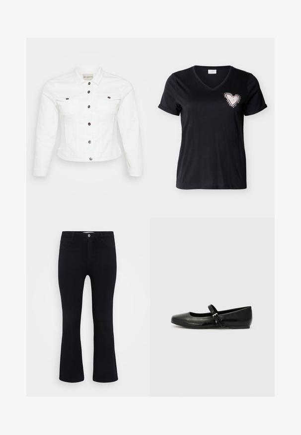 Hvid denimjakke med lange ærmer, knaplukning foran, to brystlommer og sølvfarvede knapper. Glat tekstur og cropped design.; Sort V-hals T-shirt med korte ærmer og opbrettede kanter, med en lyserød hjerte-patch med små nitter og omgivende motiverende tekst på brystet.; ONLY Carmakoma Flared fit CARTHUNDER Mid waist - Flared jeans - black denim; Sorte læder balletflade med rund tå, flad sål og en tynd justerbar rem over svangen med en metalspænde.