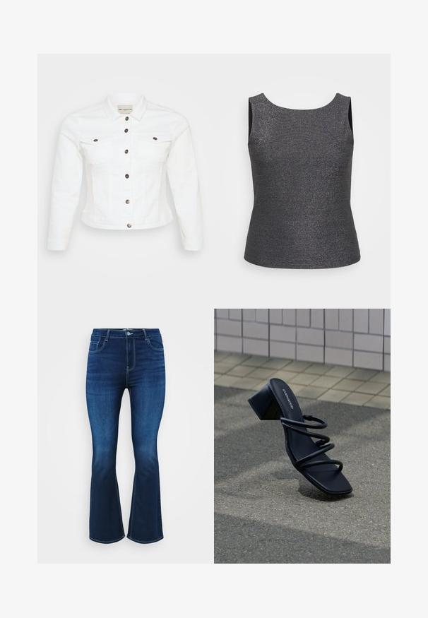 Hvid denimjakke med lange ærmer, knaplukning foran, to brystlommer og sølvfarvede knapper. Glat tekstur og cropped design.; Ärmeloses top i mørkegrå med metallisk glans, med en rund halsudskæring og en tætsiddende form, lavet af et struktureret stof.; Mørkeblå bootcut jeans lavet af denim, med fem lommer, lynlås og knaplukning samt kontrastsyninger langs sømmene.; Sort sandal med firkantet tå, tre tynde stropper og blokhæl på fortov nær flisebelagt væg.