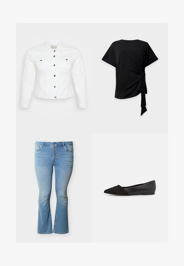 Hvid denimjakke med lange ærmer, knaplukning foran, to brystlommer og sølvfarvede knapper. Glat tekstur og cropped design.; Sort top med korte ærmer, rund halsudskæring og knude i siden, der skaber samlet stof og et hængende bindebånd på en lys baggrund.; Lyseblå denimjeans med høj talje, fem metalliske knapper, forlommer og let udvidede ben.; Sorte spidse flade sko med en suedefront og læderbagside, med et slankt design uden synlig hardware eller detaljer.
