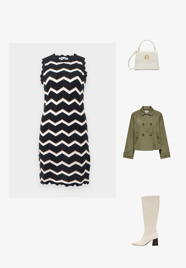 Veste cropped vert olive avec un devant à double boutonnage, de grands boutons et deux poches latérales. Elle présente un col classique et de larges poignets.; Robe noire sans manches en tricot avec des rayures en zigzag blanches et beige, bords festonnés, et étiquette DKNY Jeans au niveau du col.; Botte en cuir couleur crème montant jusqu’au genou avec bout pointu et talon bloc foncé sur fond blanc.; Petit sac à main blanc avec poignée supérieure, bandoulière amovible et fermoir rectangulaire doré sur la rabat avant.