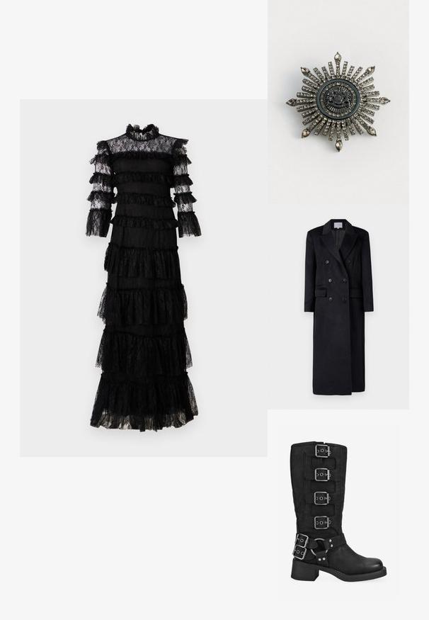 Abrigo de lana negro de doble botonadura con cuello con muesca, mangas largas y silueta recta. Cuenta con dos bolsillos frontales y detalles de botones.; Vestido de encaje negro con volantes en capas. Cuello alto y mangas largas transparentes. Tela texturizada con detalles intrincados y un diseño en capas.; Bota negra hasta la mitad de la pantorrilla con cuatro hebillas plateadas en la caña, dos hebillas cerca del tobillo y un tacón bajo y cuadrado.; Broche en forma de estrella en metal de tono plateado con rhinestones transparentes. El diseño central presenta un emblema circular con un detallado intrincado.