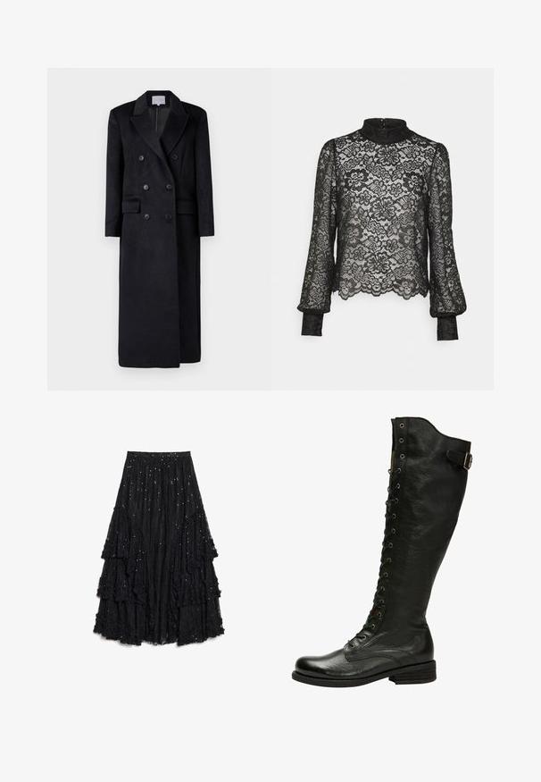 Dobbelt-brystet sort uldfrakke med notched krave, lange ærmer og en lige silhuet. Har to forlommer og knapdetaljer.; Pieces Petite PCMARIKA - Bluse - black; Sort lagdelt nederdel lavet af struktureret blonder, med lag, der har en frynset finish og spredte pailletter for ekstra detaljer.; Sorte læder knæhøje støvler med snørebånd foran, sølvøjer og sidebælte. Har en tekstureret overflade og stablet hæl.