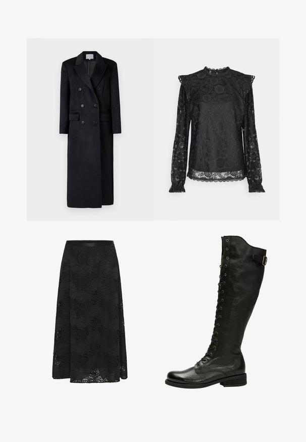 Abrigo de lana negro de doble botonadura con cuello con muesca, mangas largas y silueta recta. Cuenta con dos bolsillos frontales y detalles de botones.; PIECES Tall PCOLLINE - Blusa - black; Falda de encaje negro con un diseño acampanado. Presenta un patrón floral, una superficie texturizada y una cinturilla ajustada. La longitud llega hasta la mitad de la pantorrilla.; Bota de cuero negro hasta la rodilla con cordones en el frente, ojales de plata y hebilla lateral. Presenta un acabado texturizado y tacón apilado.