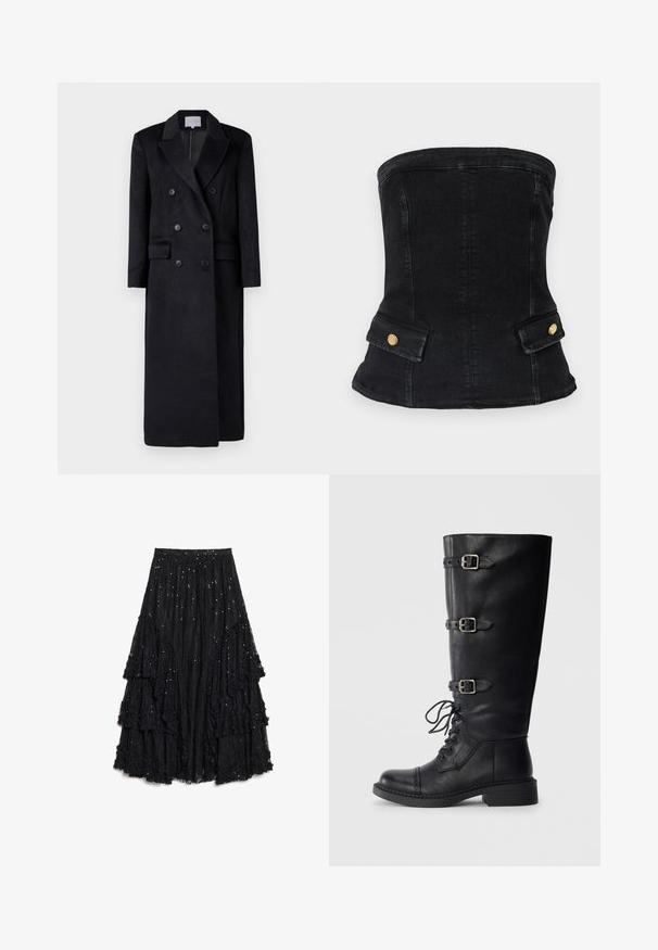 Abrigo de lana negro de doble botonadura con cuello con muesca, mangas largas y silueta recta. Cuenta con dos bolsillos frontales y detalles de botones.; Cuerpo corsé sin tirantes de denim negro con un diseño ajustado, que presenta acentos en dorado y dos bolsillos frontales. Textura suave, forma estructurada.; Falda negra de capas hecha de encaje texturizado, con volantes de acabado deshilachado y lentejuelas dispersas para un detalle adicional.; Bota de cuero negro hasta la rodilla con cordones en la parte frontal, tres detalles de hebilla, punta redondeada y tacón bajo tipo bloque. Textura lisa con acabado mate.