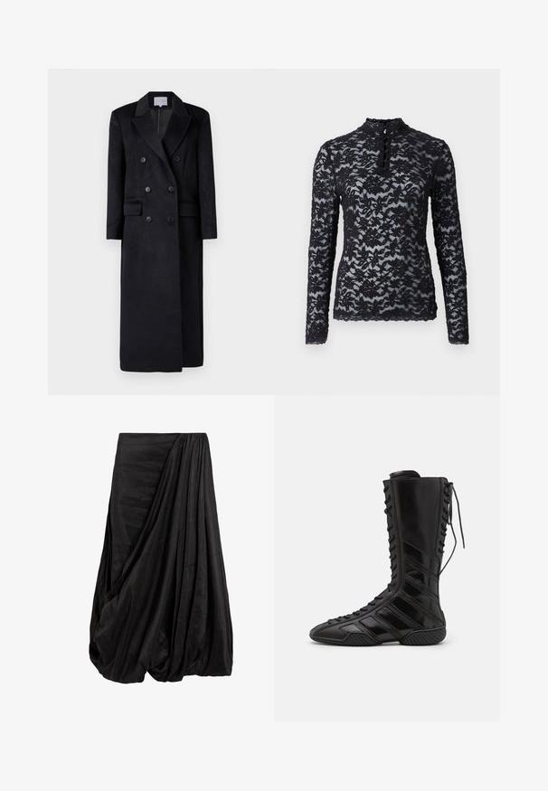 Dobbelt-brystet sort uldfrakke med notched krave, lange ærmer og en lige silhuet. Har to forlommer og knapdetaljer.; Rosemunde Langærmet T-shirt - black; Sort draperet nederdel lavet af et glat stof, der har indviklede folder og en flydende silhuet med en samlet taljedetalje.; Sorte høje støvler lavet af skinnende syntetisk materiale, med et komplikere snøredesign og diagonale stribe-detaljer på siderne.