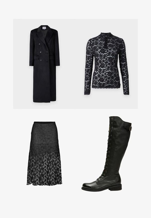 Dubbelzijdige zwarte wollen jas met een opstaande kraag, lange mouwen en een rechte silhouet. Bevat twee voorzakken en knoopaccenten.; Rosemunde Longsleeve - black; Zwarte kanten midi-rok met bloemenpatroon, aangesloten taille en semi-transparant onderste gedeelte, getoond tegen een witte achtergrond.; Zwarte leren kniehoog laars met vetersluiting aan de voorkant, zilveren oogjes en een bucklet aan de zijkant. Heeft een gestructureerde afwerking en een gestapelde hak.