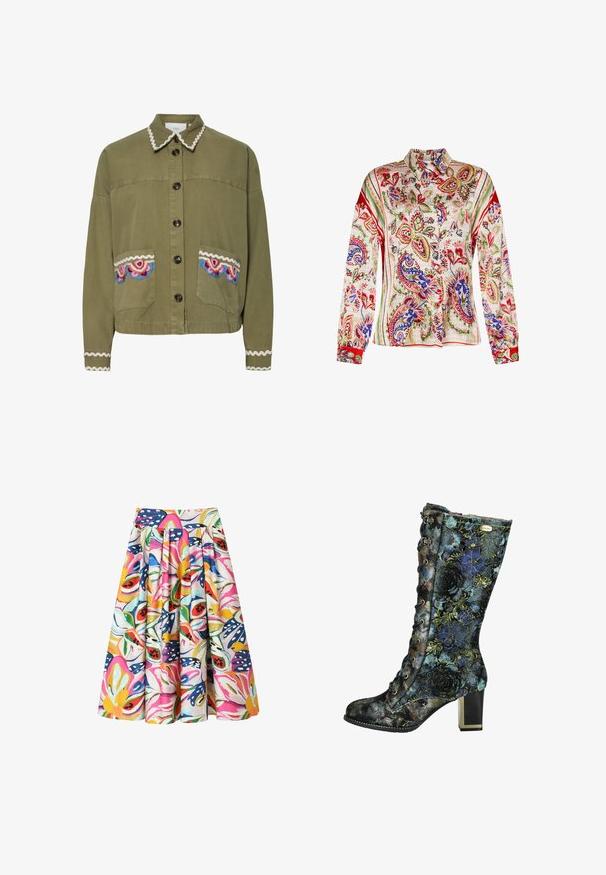 Oliven grøn jakke med spids krave, store frontlommer med farverige broderede mønstre og dekorativt hvidt bølgende trim.; Langærmet bluse i let materiale med et flerfarvet paisley-mønster med røde accenter, krave-udskæring og knaplukning.; Farverigt A-formet nederdel med høj talje og livligt abstrakt blomster- og frugtmønster i pink, blå, gul, grøn og hvid.; Mellemlangt snørestøvle med blokkhæl, sort bund og blåt og grønt blomstermønster og tekstur, sidevisning.