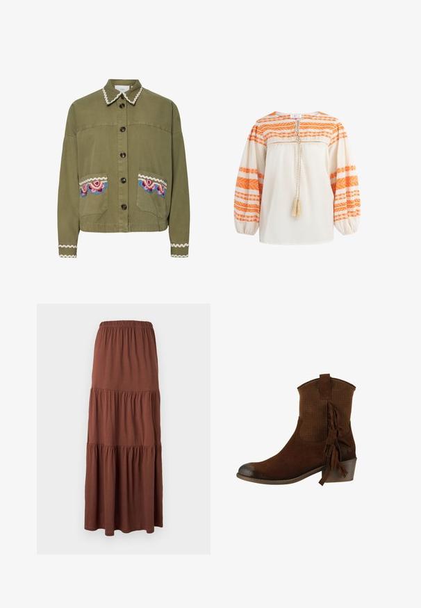 Oliven grøn jakke med spids krave, store frontlommer med farverige broderede mønstre og dekorativt hvidt bølgende trim.; Cremefarvet bluse med orange geometriske mønstre, lange puffærmer og et bånd med en kvast ved halsudskæringen. Indhold af hør eller bomuld.; Brun maxinederdel nederdel med elastisk linning, lavet af blødt, let stof, hængende fladt mod en hvid baggrund.; Brun ruskind ankelstøvle med lav stakket hæl, perforeret overdel og frynse-detalje på siden.