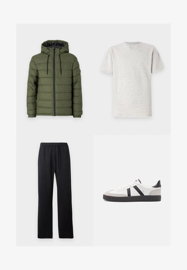 Doudoune vert olive avec capuche, dotée d'une fermeture éclair sur le devant, d'un design matelassé et d'accents noirs sur la fermeture éclair et les cordons de serrage.; T-shirt gris à manches courtes en tissu doux. Doté d'un col ras du cou classique et d'une coupe décontractée avec une texture légèrement chinée.; Abercrombie & Fitch ESSENTIAL BAGGY OPEN HEM CASUAL - Pantalon de survêtement - black; Baskets blanches avec des accents noirs et gris, présentant un embout texturé gris, une semelle en caoutchouc noir et des lacets plats blancs. Design épuré, style minimaliste.