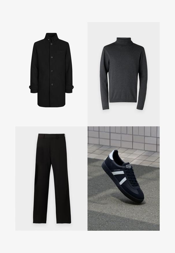Zwarte wollen mix jas met hoge kraag, voorste knoopsluiting, twee zijzakken en één borstzak. Bevat manchetdetails aan de mouwen.; Donkergrijze coltrui van zacht materiaal, met lange mouwen en ribgebreide boorden en zoom, voorzien van een gladde, gelijkmatige textuur.; Zwarte broek met rechte pijpen, riemlussen en zijzakken op een effen witte achtergrond.; Zwarte leren sneaker met witte strepen, een gestructureerde rubberen zool en vetersluiting aan de voorkant. Voorzien van een merklabel op de tong.