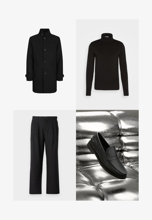 Schwarzer Wollmischungs-Mantel mit hohem Kragen, Frontknopfverschluss, zwei Seitentaschen und einer Brusttasche. Mit Detailverarbeitung an den Ärmeln.; Schwarz, langärmliges Turtleneck-Shirt aus einem glatten Stoff mit figurnaher Passform und hohem, enganliegendem Kragen. Keine sichtbaren Muster oder Akzente.; Jack & Jones Classic Wide Leg Fit - Stoffhose - black; Schwarze Lederloafers mit glatter Oberfläche, mit Ziernähte und klassischem Design, präsentiert vor einem metallischen, glänzenden Hintergrund.
