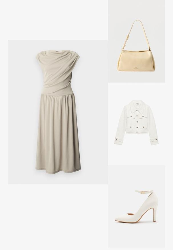 Witte cropped jas van gestructureerde stof, met een met bont gevoerde kraag, metalen knopen en twee voorzakken met kleppen.; Mouwloze beige midi-jurk met een geplooide taille en gedrapeerde stoffen details op het lijfje, weergegeven tegen een effen witte achtergrond.; Witte leren high heel schoen met een spitse neus, enkelbandje en een slanke hak. Beschikt over een gladde textuur en een tan interieur.; Beige rechthoekige schoudertas met verstelbare riem en ritssluiting, met een klein "Anna Field" logo middenvoor.