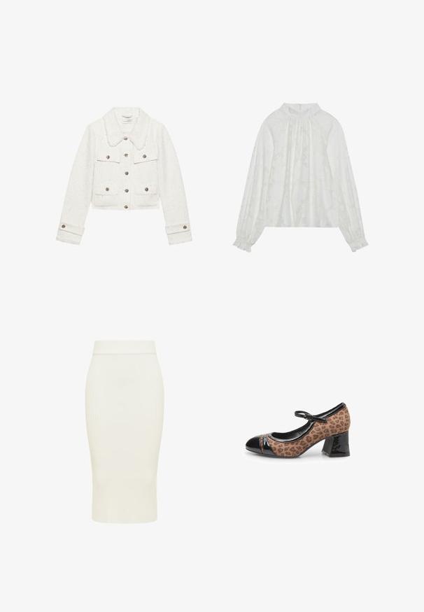 Witte cropped jas van gestructureerde stof, met een met bont gevoerde kraag, metalen knopen en twee voorzakken met kleppen.; Witte blouse met lange mouwen, voorzien van een gemêleerd bloemenpatroon, een gathered decolletée en elastische manchetten. Zacht, lichtgewicht stof.; Crèmekleurige geribbelde gebreide kokerrok met een hoge taille en een zoom tot op kniehoogte.; Mary Jane-schoen met een bovenwerk van leopardenprintstof, zwarte patentaccenten op de neus en de hak, en een chunky hak. Verstelbare band inbegrepen.