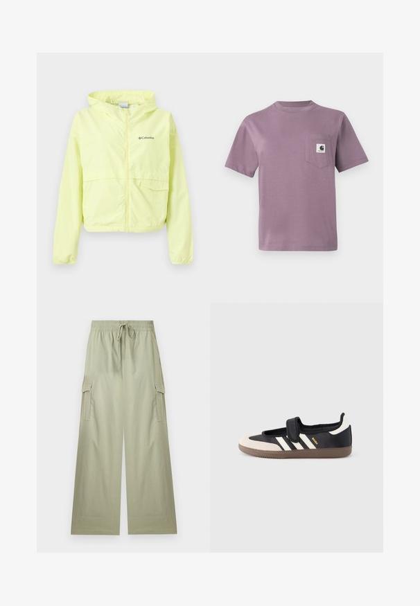 Veste coupe-vent Columbia à capuche de couleur jaune clair avec fermeture éclair à l'avant et deux poches, présentée sur un fond blanc.; T-shirt en coton lilas avec col rond, manches courtes et une poche poitrine gauche avec un label logo. Tissu lisse, coupe décontractée.; Pantalon cargo vert clair à jambes larges avec taille élastique et cordon de serrage, doté de poches latérales à rabat et d'une coupe décontractée.; Baskets noires et beiges avec une bride en velcro, trois bandes blanches sur le côté, et une semelle en caoutchouc marron texturée. Logo de la marque visible.