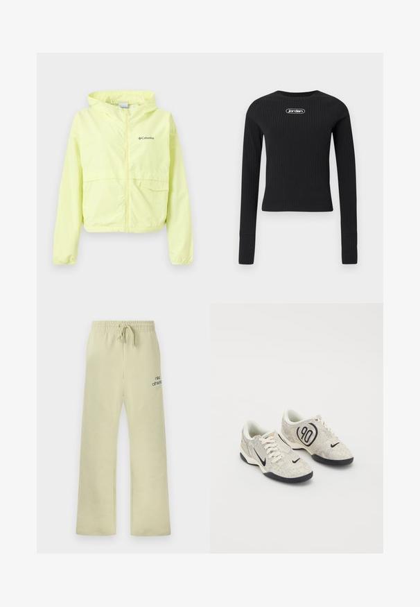 Veste coupe-vent Columbia à capuche de couleur jaune clair avec fermeture éclair à l'avant et deux poches, présentée sur un fond blanc.; Top court noir à manches longues côtelé, cropped, avec un col rond et un logo "jordan" blanc centré sur la poitrine.; Pantalon de survêtement beige Nike avec ceinture élastique, cordon de serrage, coupe ample, et le texte "nike athletics" avec le logo swoosh sur la cuisse gauche.; Baskets Nike avec une tige texturée beige et grise, des accents noirs, un grand logo "90" et un laçage blanc. Semelle noire.