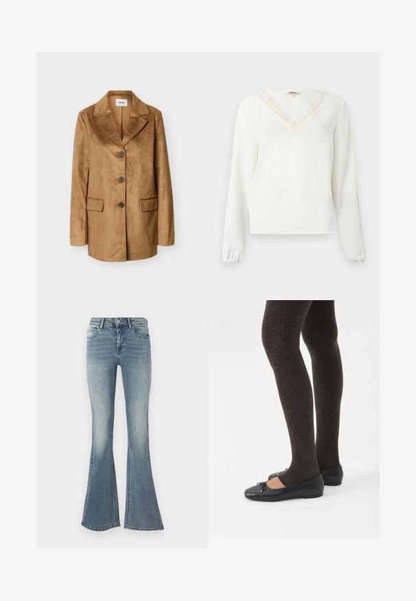Veste en daim marron clair avec revers crantés, trois boutons foncés, manches longues et deux poches à rabat à l'avant, présentée sur un fond uni.; Blouse blanche à manches longues avec col en V ornée de dentelle, tissu texturé et poignets élastiques.; Jean évasé bleu clair en denim, avec cinq poches, une fermeture à bouton à l'avant et un léger délavage le long des jambes.; Jambes portant des leggings côtelés foncés associés à des ballerines noires avec de petits détails en nœud sur fond blanc.