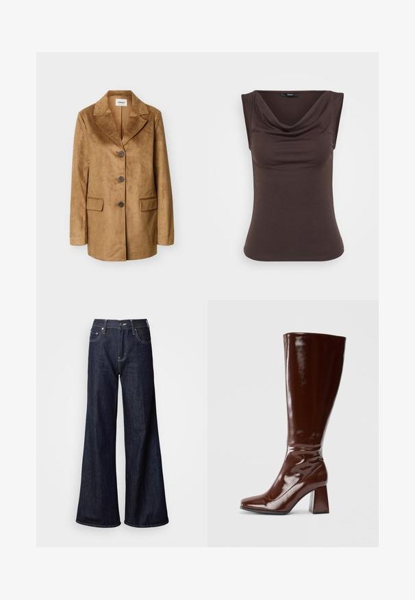 Veste en daim marron clair avec revers crantés, trois boutons foncés, manches longues et deux poches à rabat à l'avant, présentée sur un fond uni.; Haut sans manches marron avec un col drapé, fabriqué à partir d'un tissu doux. Texture lisse avec une silhouette ajustée et aucun matériel visible.; Jean à jambes larges en denim foncé, présentant une taille haute, cinq poches, des coutures blanches contrastantes et une texture lisse.; Bottes en cuir verni marron jusqu'aux genoux avec un bout carré, finition brillante et un talon épais pour la stabilité. Design sans couture sans matériel visible.