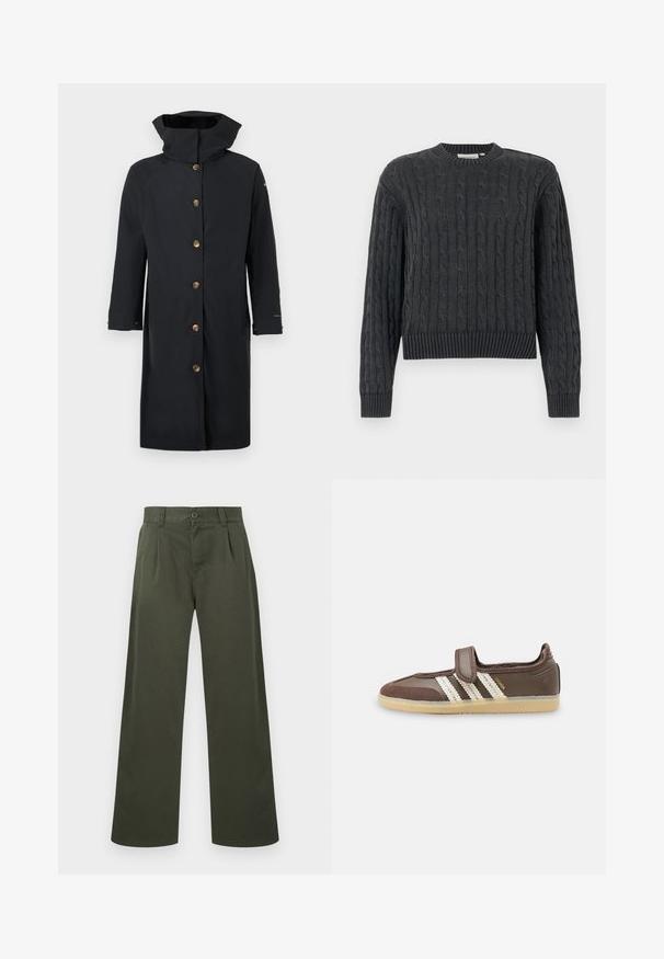 Imperméable long noir avec col montant, fermeture à boutons sur le devant avec six boutons beige, et manches longues, présenté à plat sur fond blanc.; Pull en maille torsadée gris foncé avec manches longues, poignets, ourlet et col rond côtelés, présenté sur un fond uni.; Pantalon vert olive à jambes droites avec passants pour ceinture, fermeture à boutons à l'avant et poches latérales sur fond blanc.; Baskets marron avec semelle en caoutchouc beige, trois bandes blanches sur le côté et une seule bride Velcro sur le dessus.