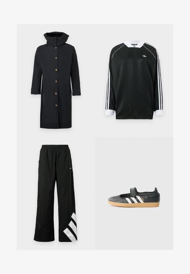 Imperméable long noir avec col montant, fermeture à boutons sur le devant avec six boutons beige, et manches longues, présenté à plat sur fond blanc.; Chemise noire à manches longues avec col en V, présentant des rayures verticales, des accents blancs et trois rayures blanches sur chaque manche. Petit logo sur la poitrine.; Pantalon noir à jambes larges en matière légère, avec une taille élastique et un motif rayé diagonal blanc sur la jambe gauche.; Sneaker en cuir noir et suède avec une sangle Velcro, arborant trois bandes blanches et une semelle en caoutchouc, étiqueté "SAMBA" sur le côté.