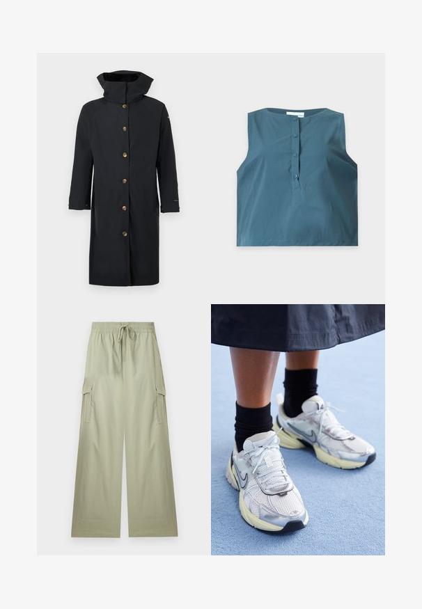 Imperméable long noir avec col montant, fermeture à boutons sur le devant avec six boutons beige, et manches longues, présenté à plat sur fond blanc.; Débardeur bleu sans manches avec un col rond et quatre boutons sur la patte avant, présenté à plat sur un fond clair et uni.; Pantalon cargo vert clair à jambes larges avec taille élastique et cordon de serrage, doté de poches latérales à rabat et d'une coupe décontractée.; Baskets Nike blanches et argentées avec tissu en maille, accents réfléchissants et semelle beige. Portées avec des chaussettes noires, se tenant sur une surface bleue.