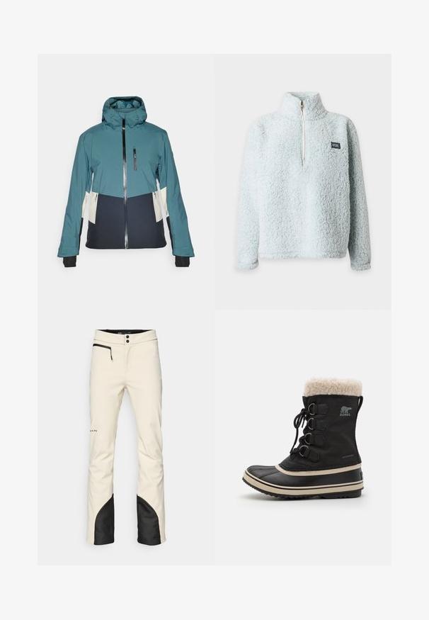 Veste turquoise et noire avec une capuche ajustée, fermeture éclair et poches zippées. Présente des panneaux crème contrastants et des poignets élastiques.; Pull polaire sherpa bleu clair à manches longues, demi-fermeture éclair devant, col montant et petit logo rectangulaire Rip Curl sur la poitrine.; Pantalons de ski pour homme en crème avec une accent noir à l'ourlet. Dispose d'une poche zippée, d'une fermeture à bouton et de jambes ajustées. Matériau doux et résistant à l'eau.; Botte imperméable noire avec un col en fausse fourrure, devant à lacets, semelle en caoutchouc, et une bande beige contrastante le long de la semelle. Détails de quincaillerie décoratifs.