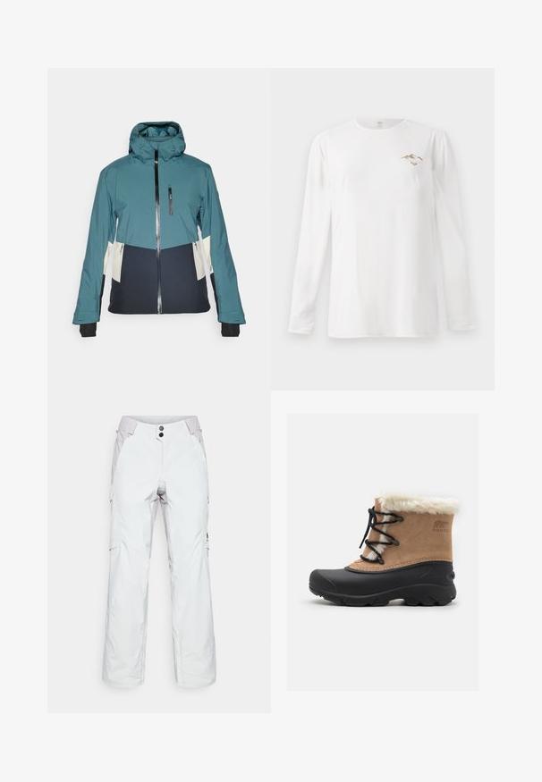 Veste turquoise et noire avec une capuche ajustée, fermeture éclair et poches zippées. Présente des panneaux crème contrastants et des poignets élastiques.; Chemise blanche à manches longues avec un petit graphique de montagne marron et le texte "Paradise Tour" sur la poitrine gauche.; Pantalons de neige blancs en tissu durable, dotés d'une taille haute, de deux poches avant et de détails avec fermeture éclair sur le côté. Accents en gris clair.; Botte d'hiver en suede marron avec doublure en fausse fourrure, semelle en caoutchouc noir et design à lacets. Présente le logo de la marque sur le côté.
