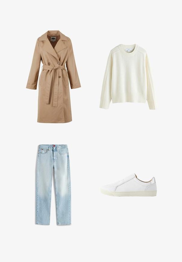 Beige trenchcoat met een dubbelgebreide ontwerp, grote kraag, strikceintuur en zijzakken. Gemaakt van een gladde, lichte stof.; Next CREW NECK - Trui - ecru; Lichtblauwe rechte spijkerbroeken met vijf zakken, een ritssluiting en een klein Tommy Hilfiger-logo op de voorste tailleband en het muntzakje.; Witte lage leren sneaker met rits aan de zijkant, beige voering en off-white rubberen zool, gezien vanaf de buitenkant.