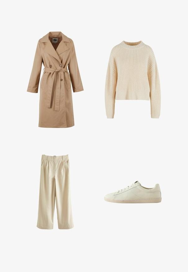 Beige trenchcoat met een dubbelgebreide ontwerp, grote kraag, strikceintuur en zijzakken. Gemaakt van een gladde, lichte stof.; Crèmekleurige gebreide trui met een hoge geribde kraag, brede mouwen en een textuurpatroon over het gehele kledingstuk. Verkorte stijl met een geribde zoom.; Next SMART WIDE LEG - Broek - stone; Witte leren lage sneaker met een textuur oppervlak, vetersluiting en een beige rubberen zool, zijaanzicht op een witte achtergrond.