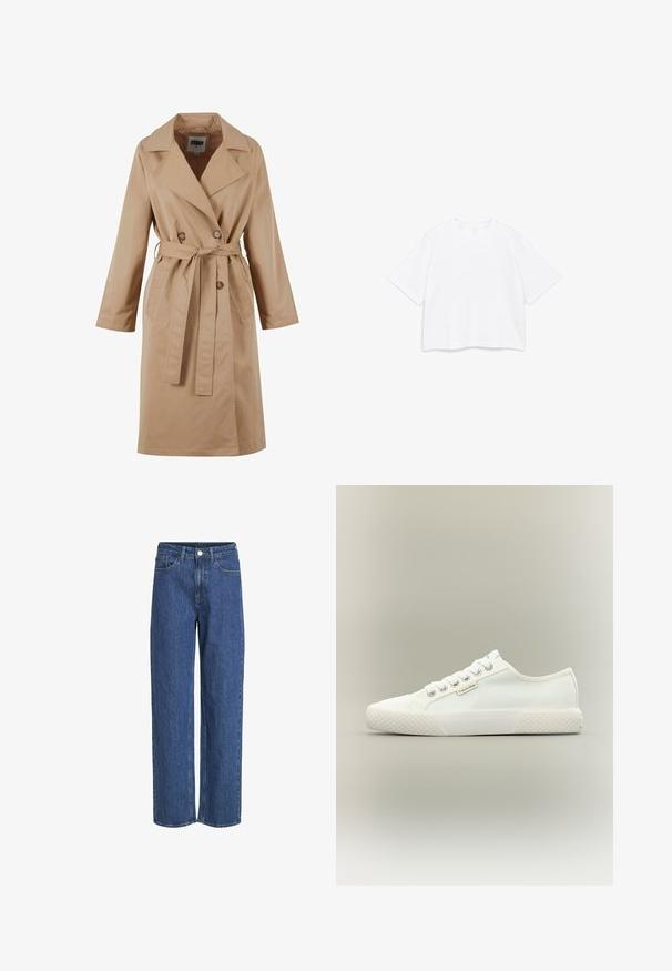 Beige trenchcoat met een dubbelgebreide ontwerp, grote kraag, strikceintuur en zijzakken. Gemaakt van een gladde, lichte stof.; Witte T-shirt met korte mouwen, een ronde hals en een boxy, losse pasvorm, weergegeven op een effen witte achtergrond.; Blauwe denim jeans met een hoge taille, rechte pijpen en een subtiele structuur. Beschikt over vijf zakken en een metalen knoopsluiting bij de taille.; Witte lage canvas sneaker met een getextureerde rubberen zool, witte veters en een klein Calvin Klein-label aan de zijkant.