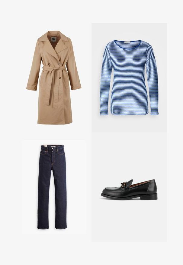 Manteau beige en trench, avec un design à double boutonnage, un grand col, une ceinture à nouer et des poches latérales. Fabriqué en tissu léger et lisse.; Chemise à manches longues avec un col rond, présentant des rayures horizontales bleues et blanches alternées. Fabriquée en tissu doux et léger.; Jean en denim droit bleu foncé avec cinq poches et coutures orange visibles sur un fond blanc.; Mocassin en cuir noir avec un petit talon, un bout arrondi et un détail de boucle métallique décorative à l'avant.