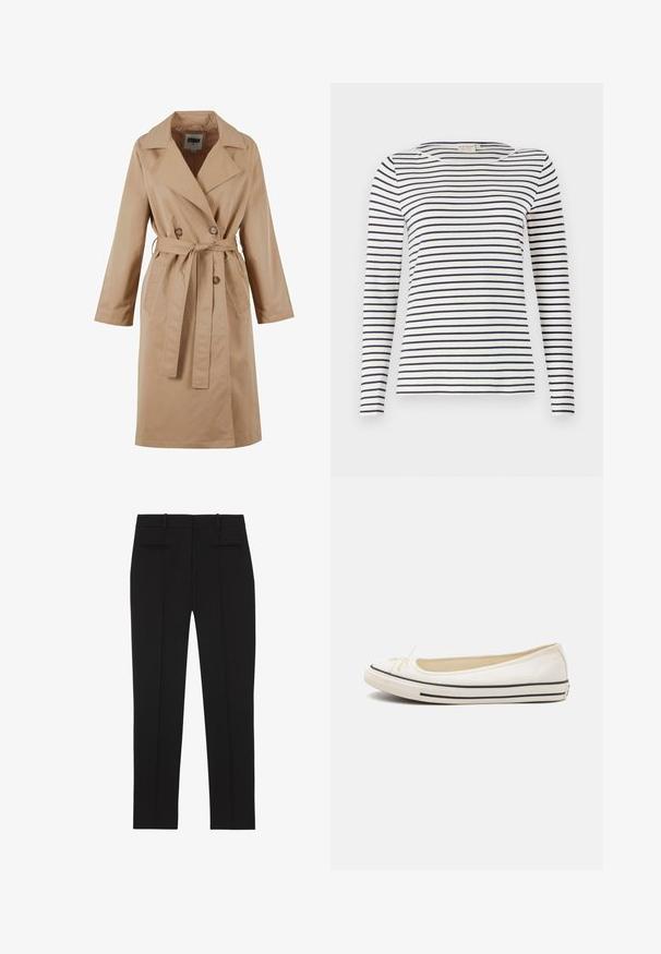 Beige Trenchcoat mit einem doppelt geknöpften Design, großem Kragen, Bindegürtel und Seitentaschen. Hergestellt aus glattem, leichtem Stoff.; Langärmliges gestreiftes Hemd aus weichem Stoff, mit navy- und weißen horizontalen Streifen, runder Halslinie und schlanker Passform.; Schwarze, maßgeschneiderte Hose mit geradem Bein, Gürtelschlaufen und zwei Leistentaschen hinten, für formelle Kleidung entworfen.; Weiße flache Leinenschuhe mit runder Zehenpartie, schwarzer Gummisohle, dünnen horizontalen Streifen und einer kleinen Schleifenakzentierung an der Vorderseite.