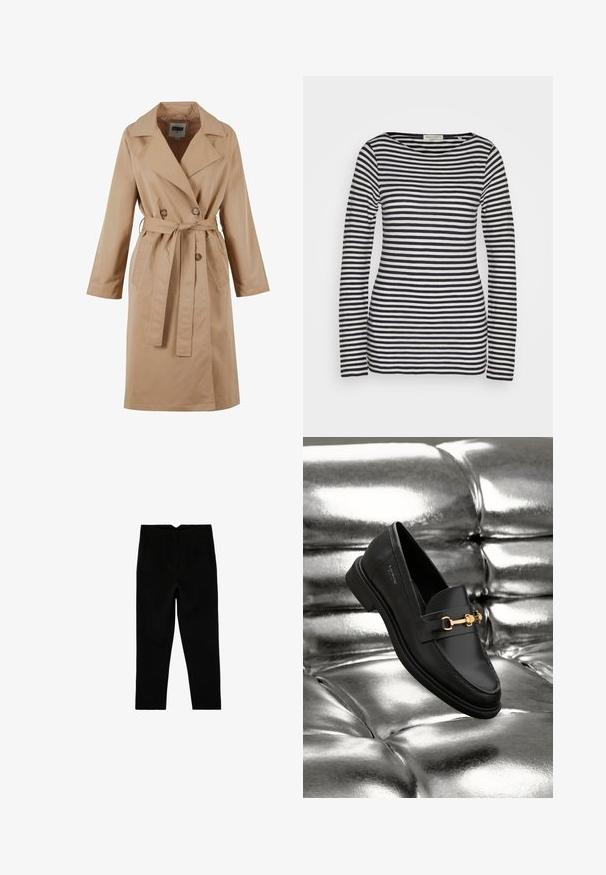 Beige trenchcoat met een dubbelgebreide ontwerp, grote kraag, strikceintuur en zijzakken. Gemaakt van een gladde, lichte stof.; Top met lange mouwen van katoen, met horizontale marineblauwe en witte strepen, ronde hals, strakke pasvorm, met een gladde textuur en minimalistisch ontwerp.; Zwarte op maat gemaakte broek tot aan de enkel met zijzakken en een licht taps toelopende pijp, plat liggend op een witte achtergrond.; Zwarte leren instapper met een goudkleurig hardware-detail. De schoen heeft een strak ontwerp en een gladde, glanzende textuur.