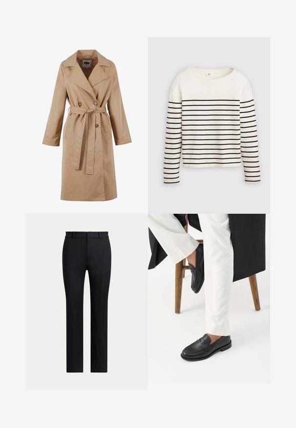 Manteau beige en trench, avec un design à double boutonnage, un grand col, une ceinture à nouer et des poches latérales. Fabriqué en tissu léger et lisse.; Chemise blanche à manches longues avec des rayures horizontales noires, dotée d'un large col rond et d'une texture de tissu douce. Longueur cropped.; Pantalon noir à jambes droites avec passants de ceinture et coupe slim, présenté sur un fond clair uni.; Personne portant des mocassins en cuir noir et un pantalon blanc assise sur un tabouret en bois devant un fond blanc.